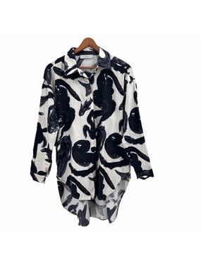 Intuition Paris Lagenlook Artsy Shark Print Hi-Low Button Down Shirt Womens